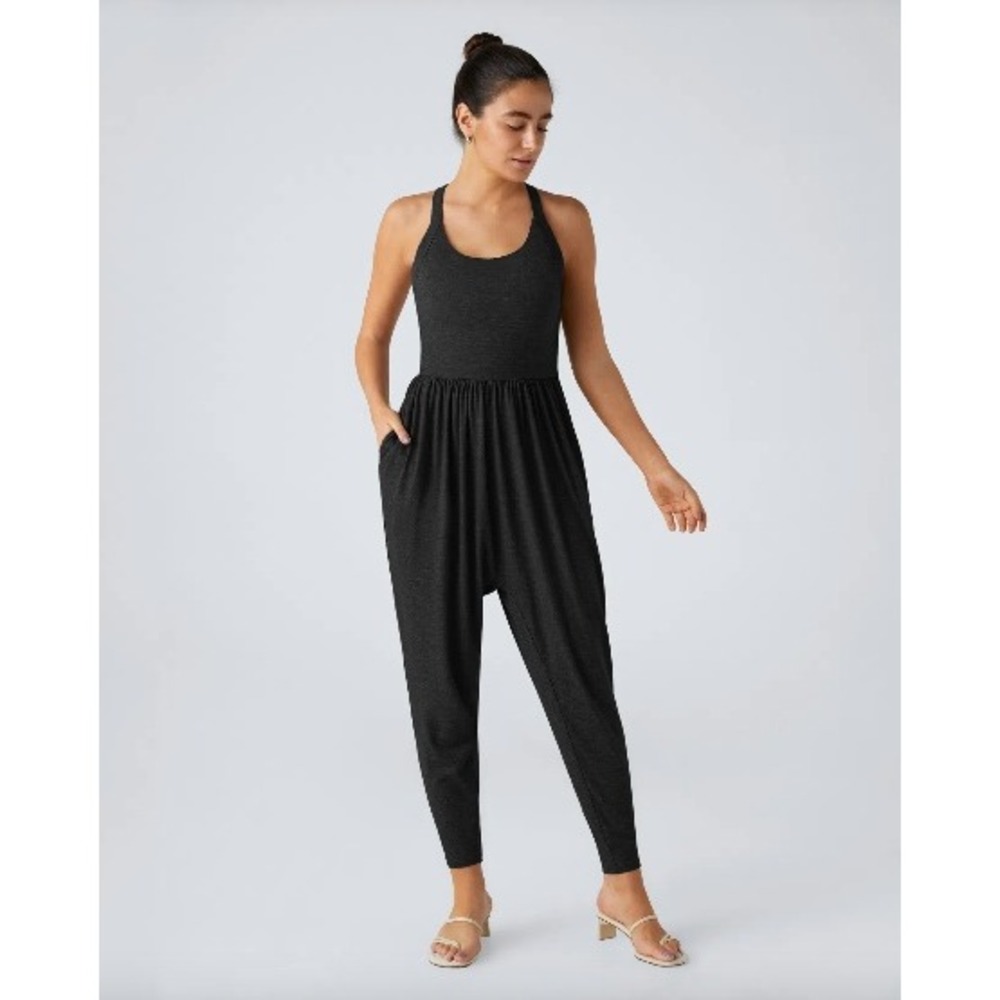NWT Halara Black Pocket Harem Casual Jumpsuit Low Back Backless | Size L